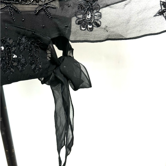 Pure silk sequined and beaded blouse Tie-side Embellished Sheer Black Blouse S - Picture 7 of 13